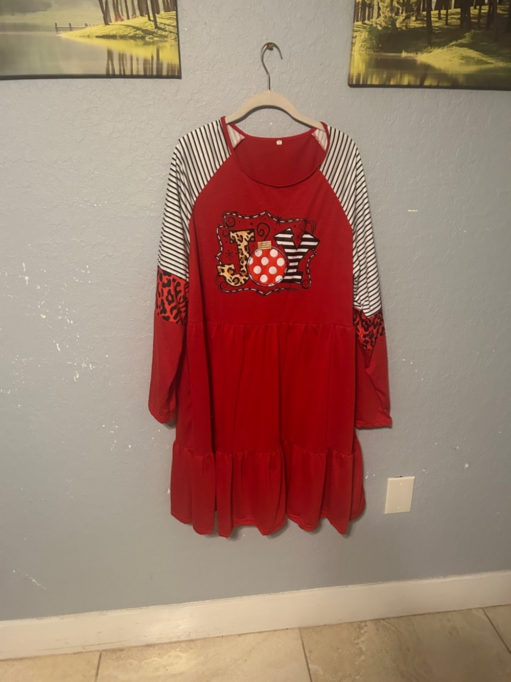 Red Long-Sleeve Tiered Dress with Mixed-Print Raglan Sleeves